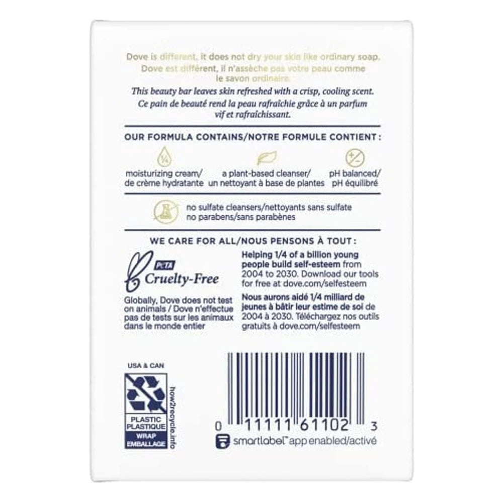 The back of a Dove bar soap packaging card, showing product information, ingredients, Cruelty-Free seal, barcode, and environmental claims in English and French.