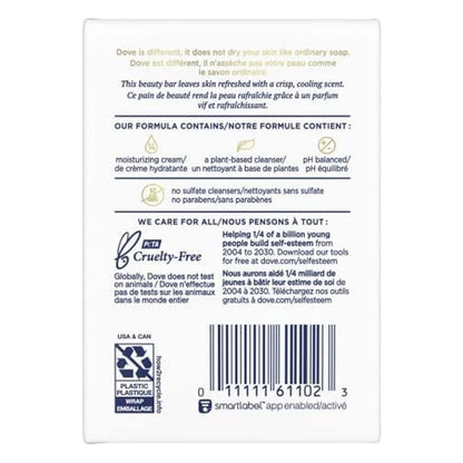 The back of a Dove bar soap packaging card, showing product information, ingredients, Cruelty-Free seal, barcode, and environmental claims in English and French.