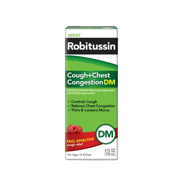 Jarabe Robitussin DM Cough + Chest Congestion sabor frambuesa 4oz