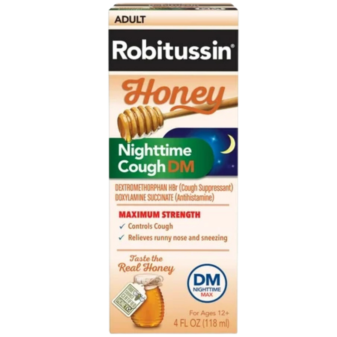 Jarabe nocturno Robitussin Honey Nighttime Cough DM para adultos 4 oz