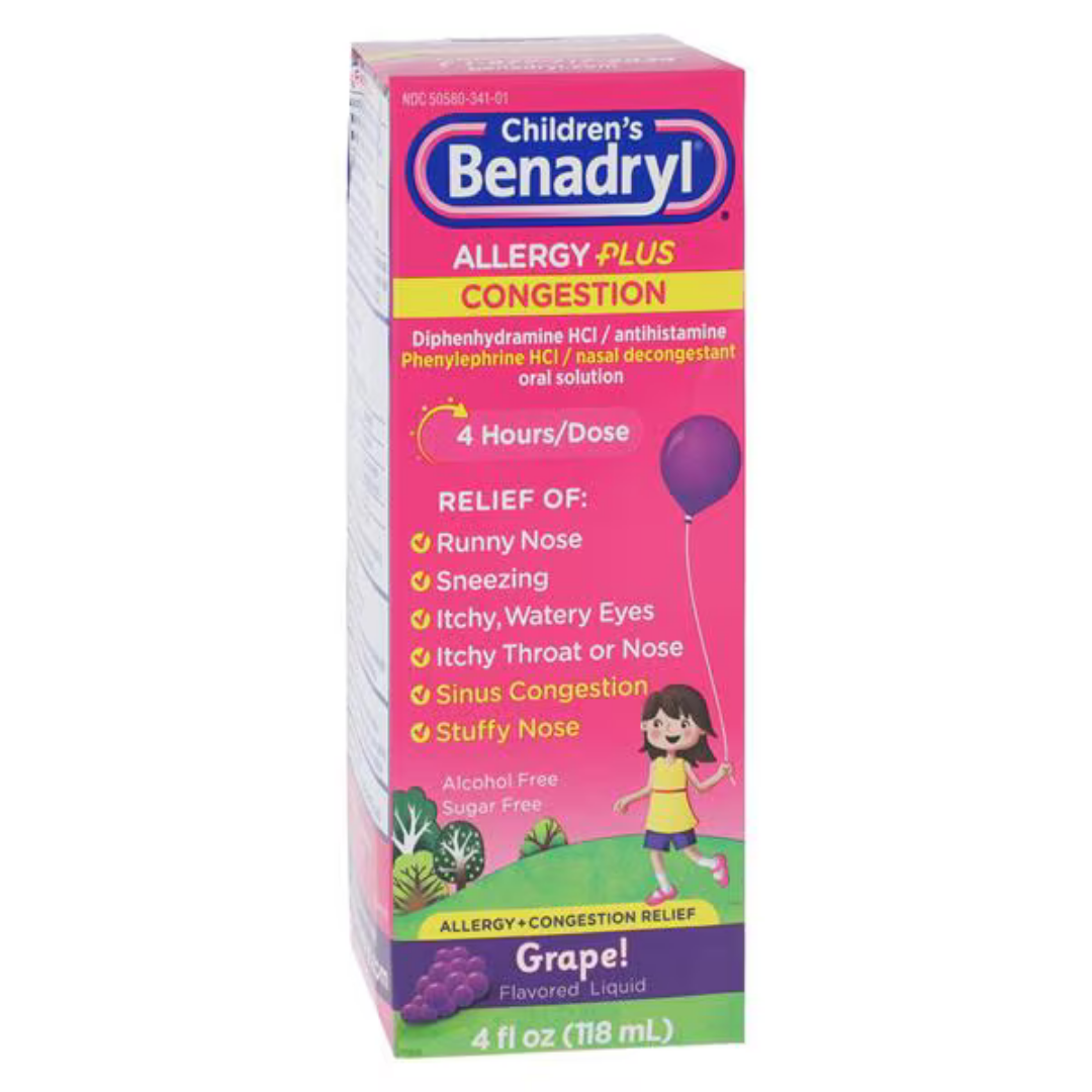 Children's Benadryl Allergy Plus Congestion jarabe niños uva 4oz