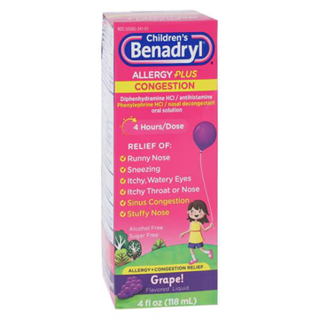 Children's Benadryl Allergy Plus Congestion jarabe niños uva 4oz