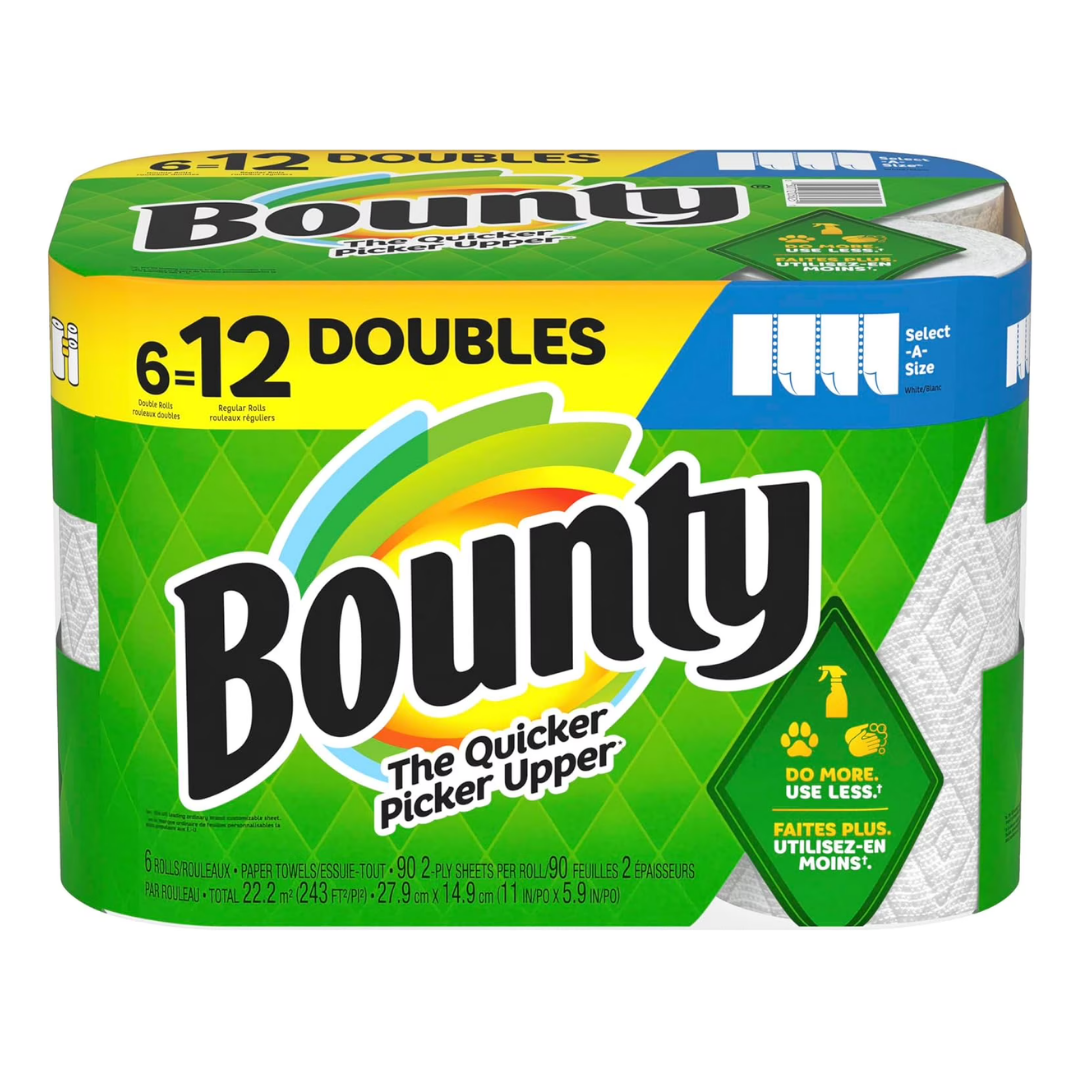 Paquete de 6 rollos dobles de toallas de papel Bounty Select-A-Size
