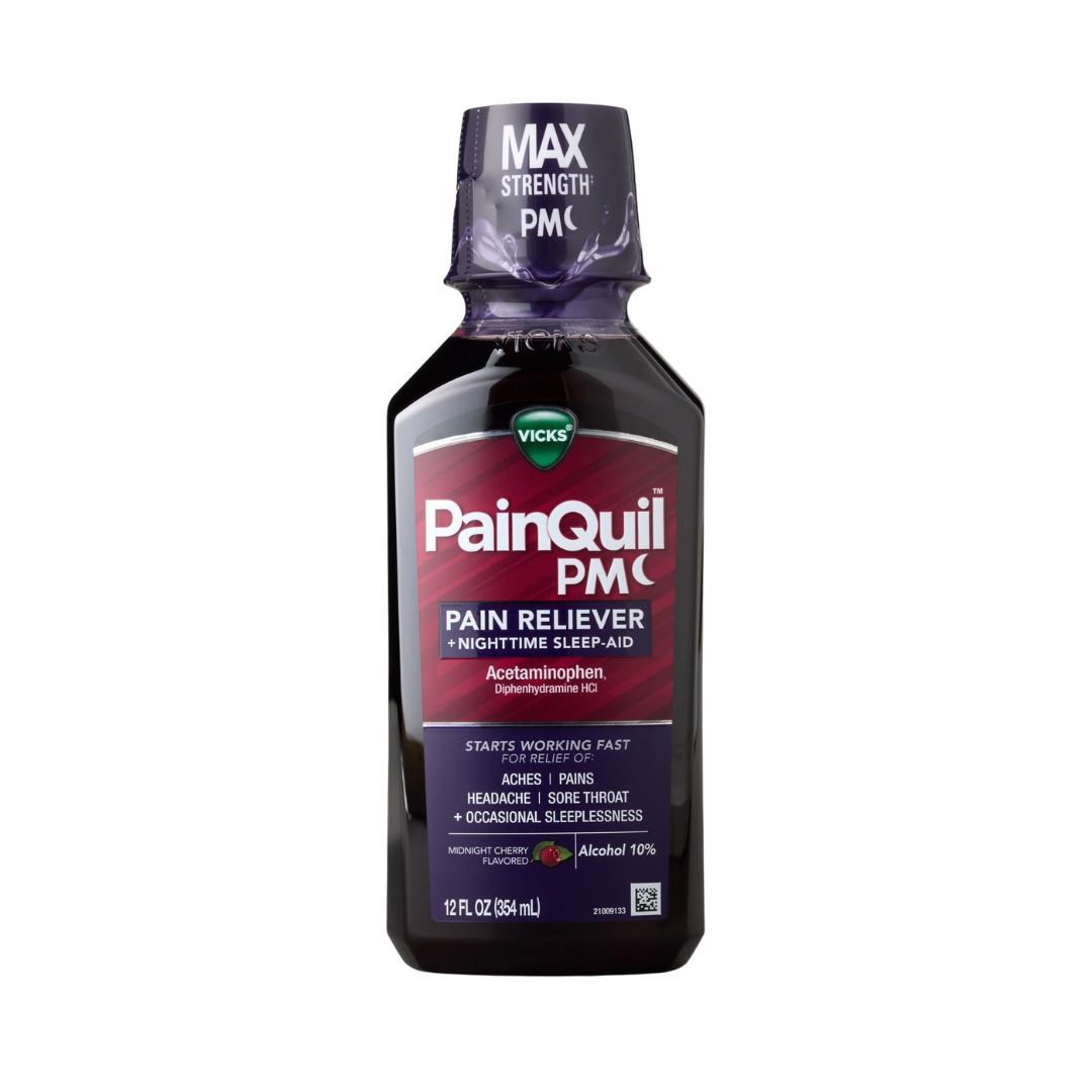 Vicks PainQuil PM jarabe dolor y sueño midnight cherry 12oz