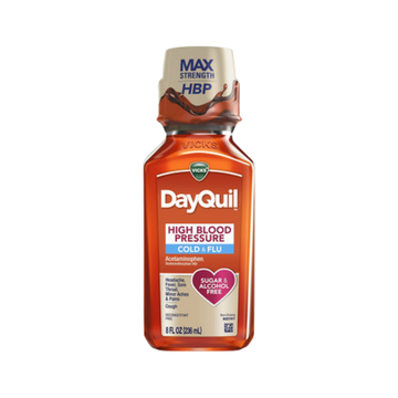 Vicks DayQuil HBP medicina líquida para resfriado y gripe sin alcohol.