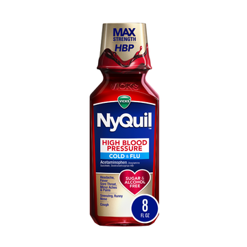 Vicks NyQuil HBP alivio nocturno para gripe y resfriado sin azúcar.