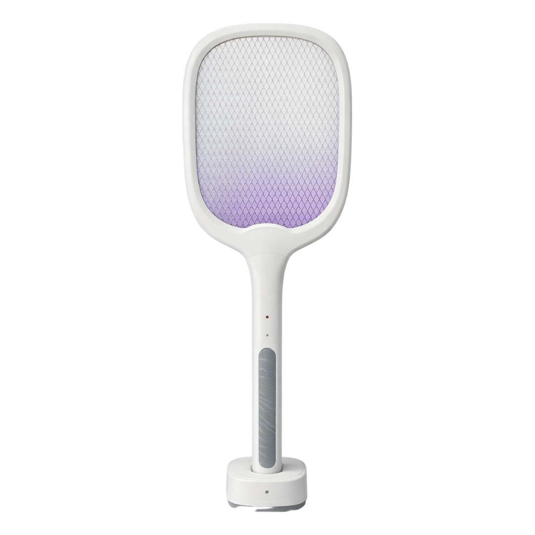 Raqueta eléctrica recargable para matar moscas y mosquitos con base