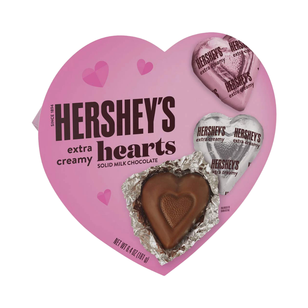 Caja de corazón rosa Hershey's Extra Creamy Milk Chocolate Hearts 6.4oz.