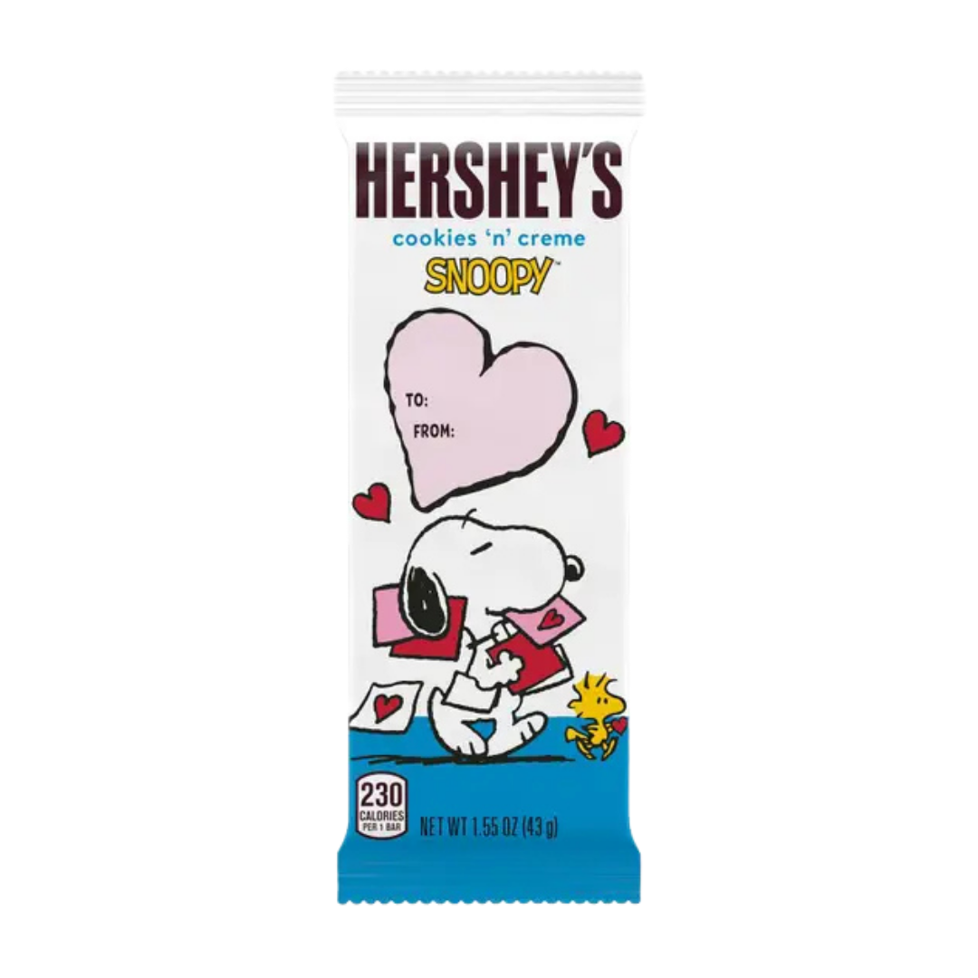 Barra Hershey's Cookies 'n' Creme edición Snoopy San Valentín 1.55oz.
