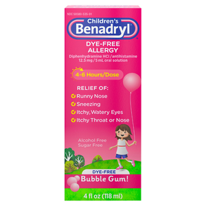Children's Benadryl Dye-Free Allergy jarabe alergia niños chicle 4oz
