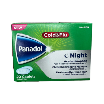 Panadol Cold & Flu Night 20 caplets alivio resfriado y gripe