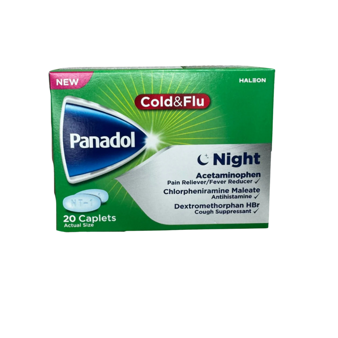Medicina Panadol Cold & Flu Night para alivio de síntomas de gripe nocturna.