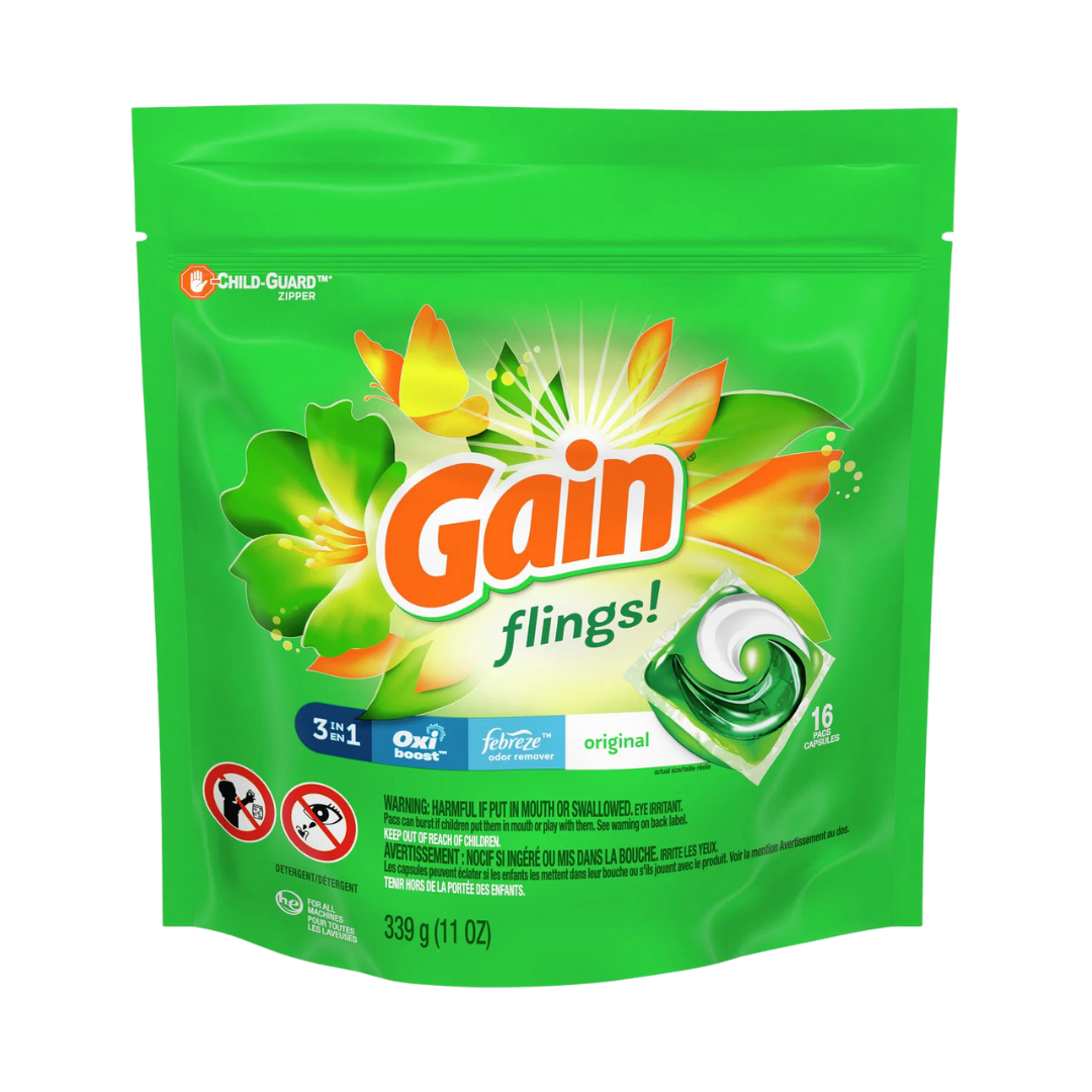 Cápsulas de detergente Gain Flings Original paquete de 16 unidades.