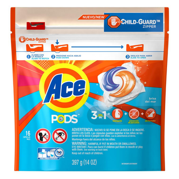 Ace Pods 3 en 1 Brisa del Mar capsulas detergente ropa 16 unidades