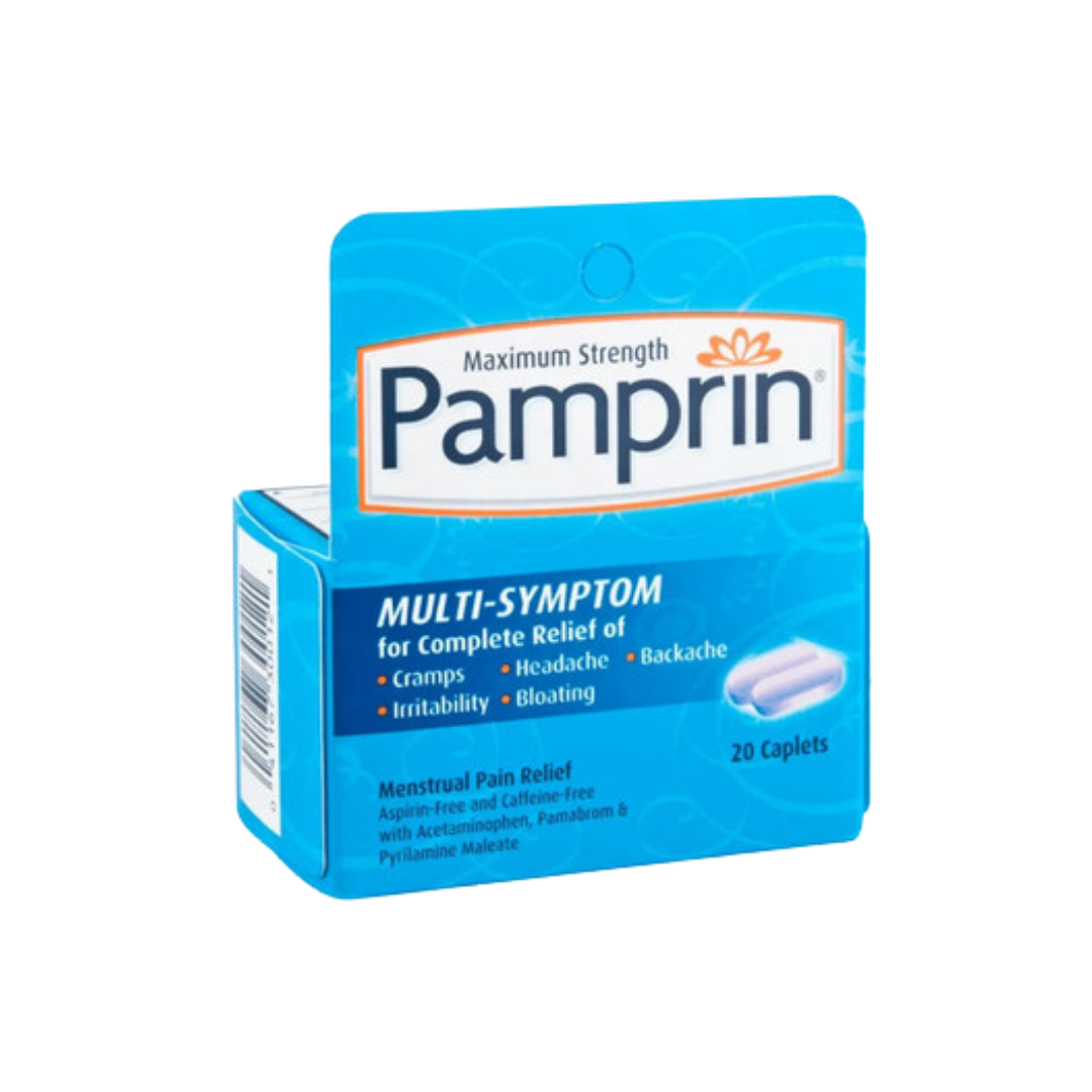 Caja de Pamprin Multi-Symptom para alivio de dolores menstruales 20 capletas.