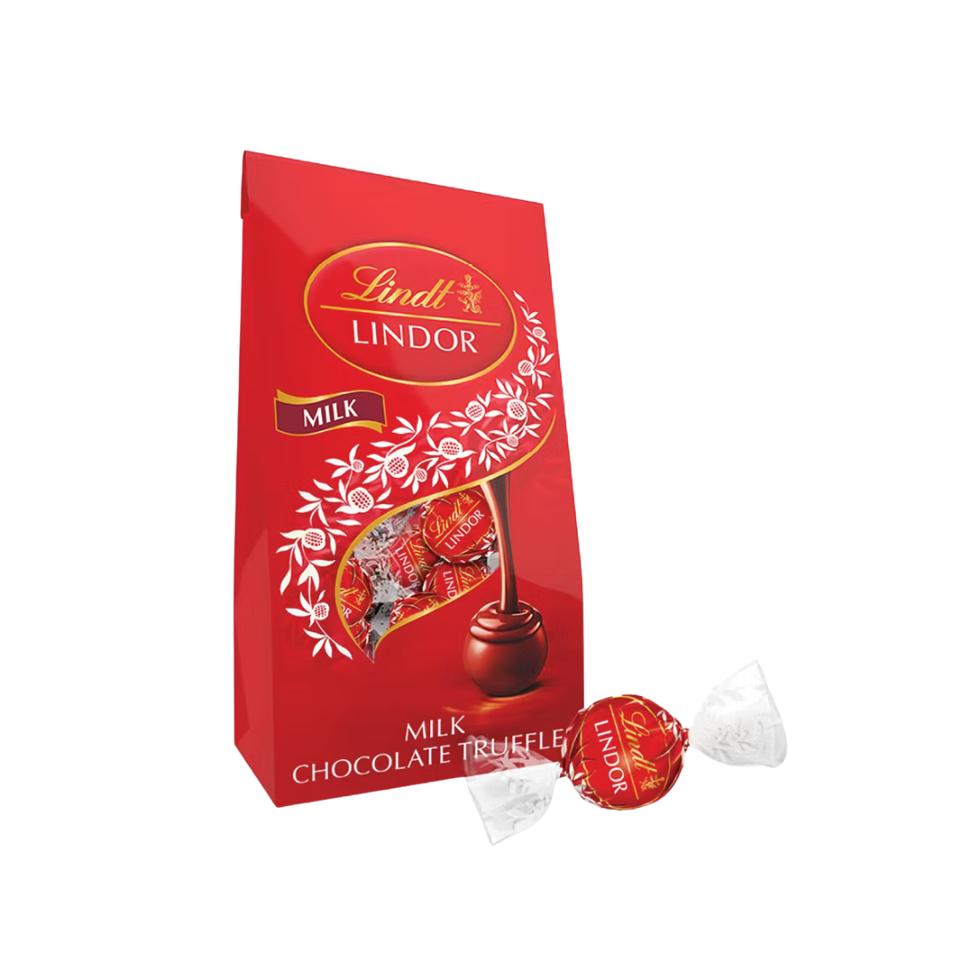 Bolsa roja de Lindt LINDOR trufas de chocolate de leche 5.1oz.