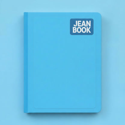 A bright blue hardcover notebook or journal with a small white square label on the front cover, shown against a solid blue background.