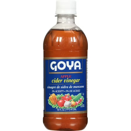 A 16 fl oz bottle of Goya Apple Cider Vinegar with a blue and white label, filled with amber liquid, on a white background.