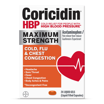 Coricidin HBP Maximum Strength Cold Flu Chest Congestion liquid gels 24 unidades