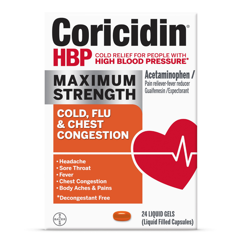 Coricidin HBP Maximum Strength Cold, Flu & Chest Congestion Liquid Gels (24 ct)
