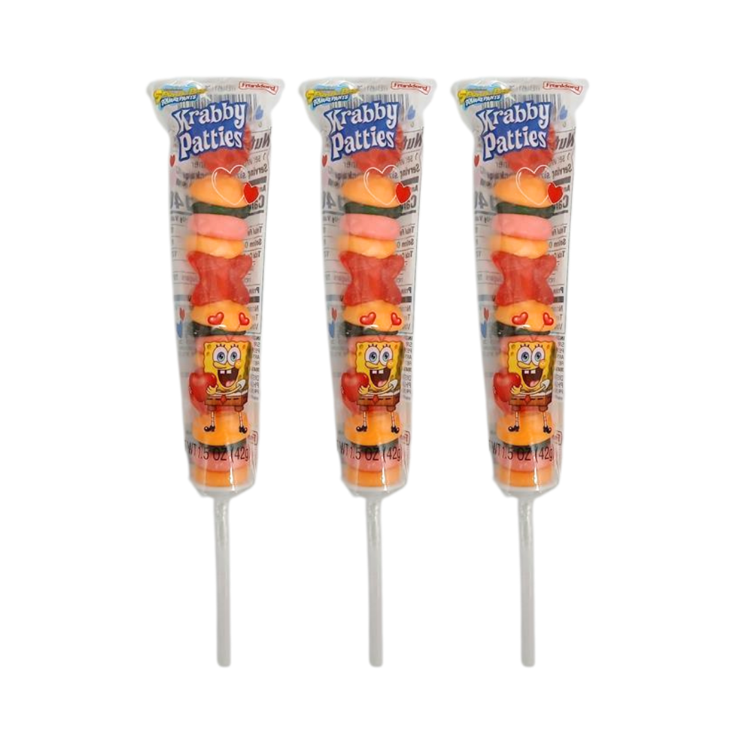 Brocheta de gomitas Krabby Patties de Bob Esponja edición San Valentín.