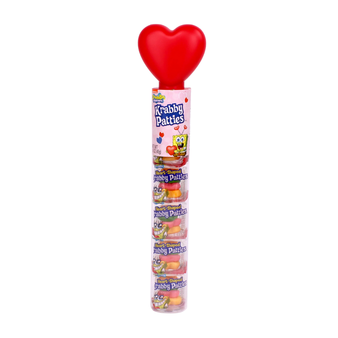 Tubo con tope de corazón lleno de gomitas Krabby Patties de Bob Esponja.