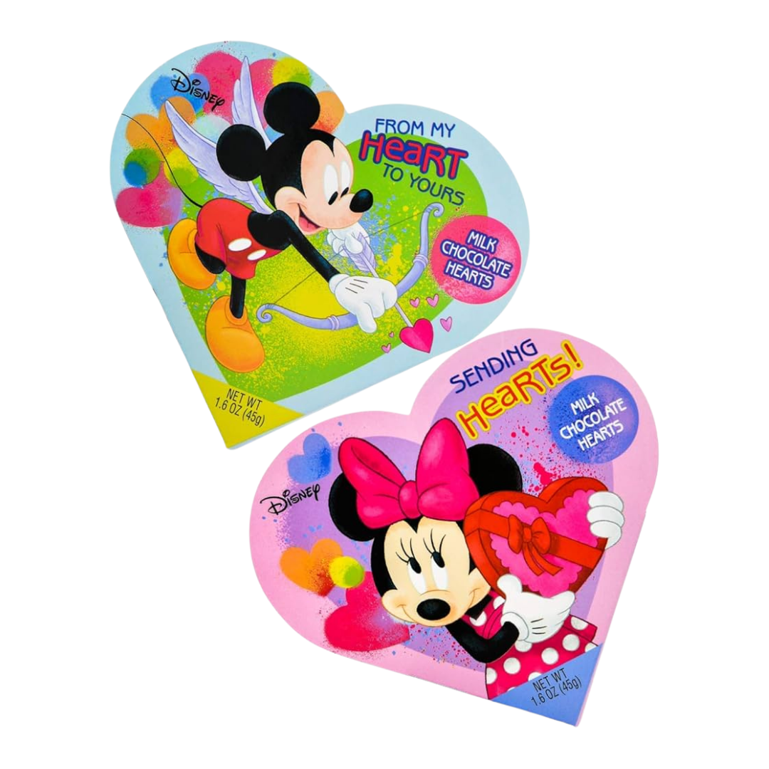 Caja de corazón Disney Mickey y Minnie con chocolates de leche para San Valentín.