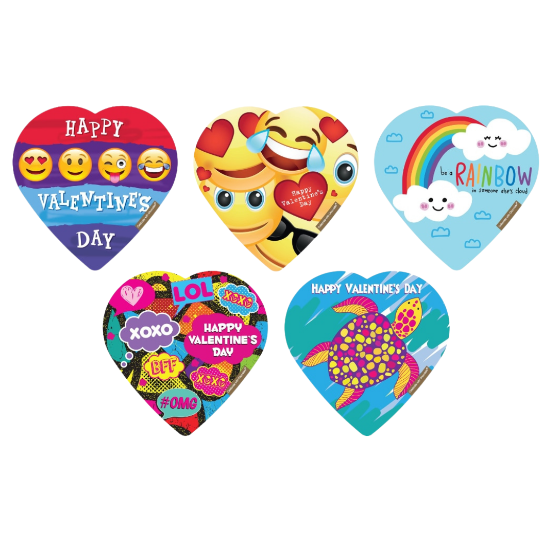 Caja de corazón con diseño de emojis y chocolates de leche 2oz.