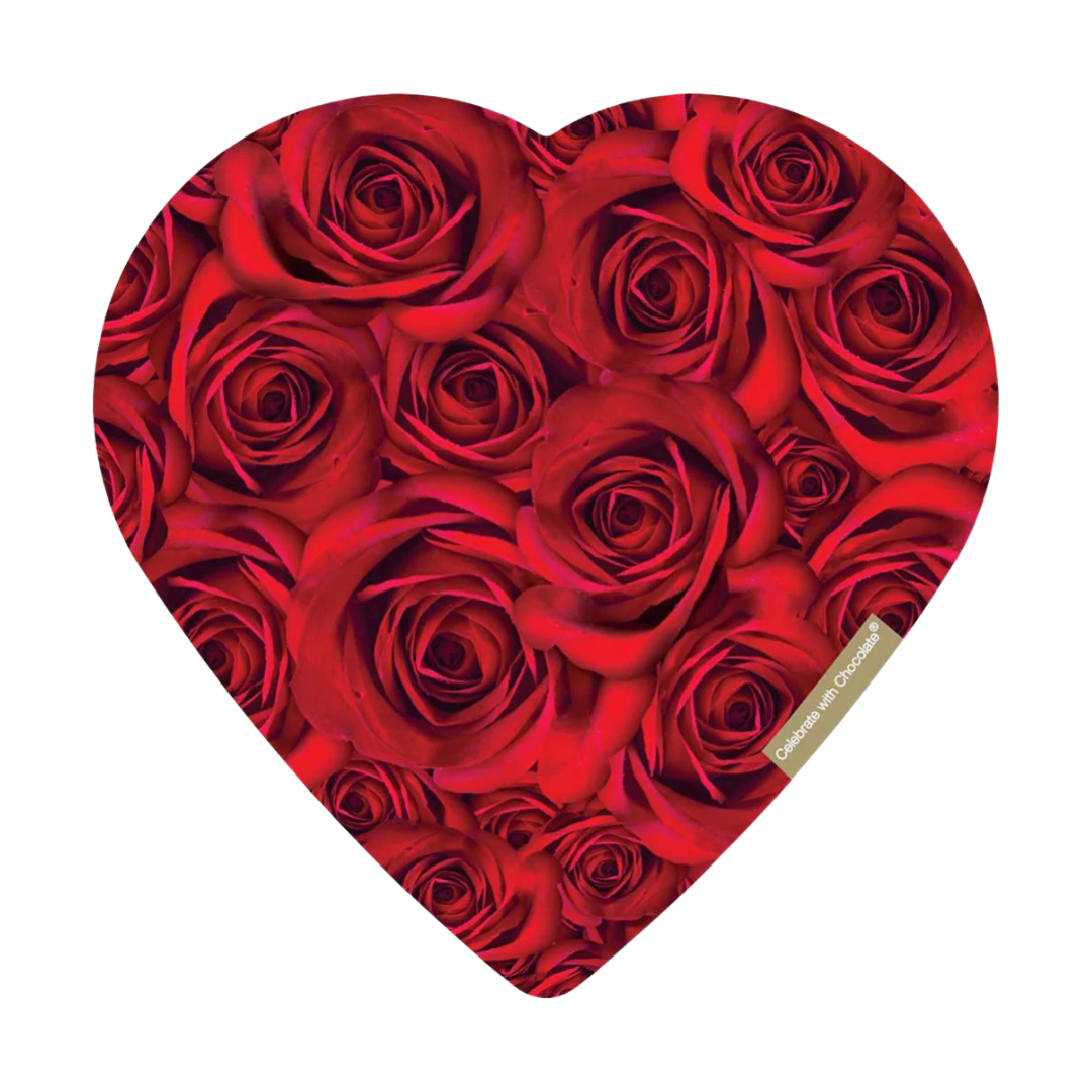 Caja de corazón con diseño de ramo de rosas rojas y chocolates de leche 2oz.