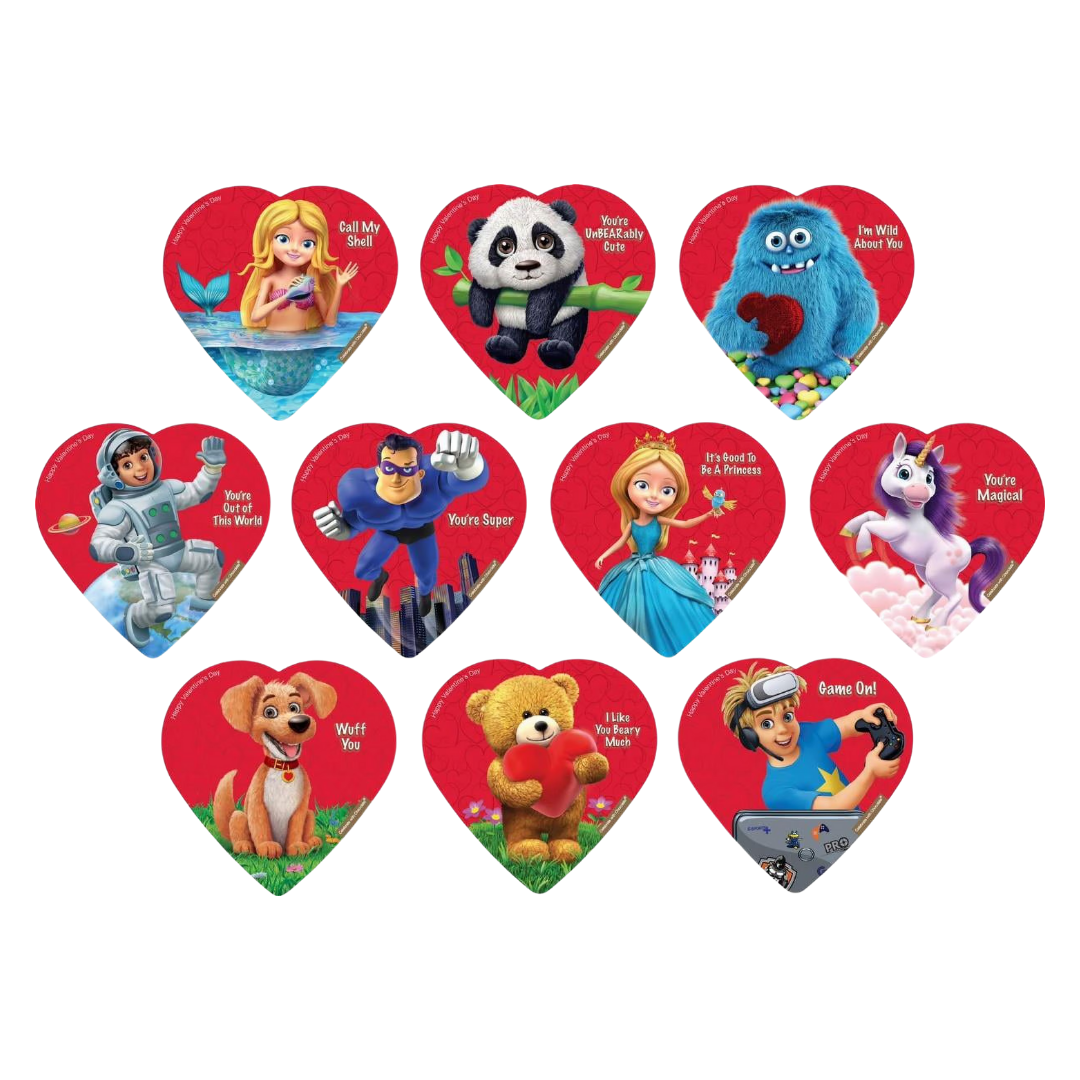 Cajas de corazón con personajes de comic y dibujos animados con chocolate 2oz.