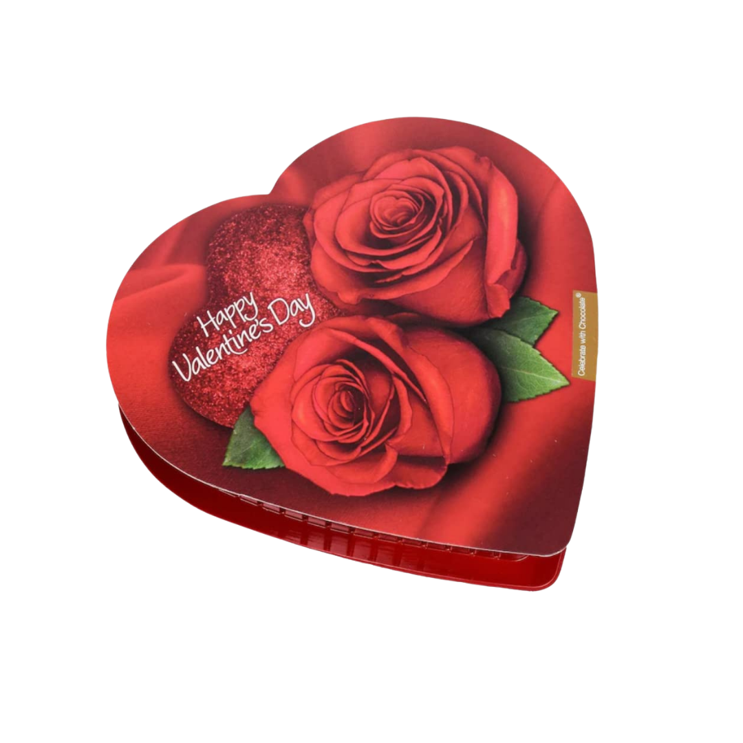 Caja de corazón roja con estampado de rosas y chocolates Celebrate with Chocolate.