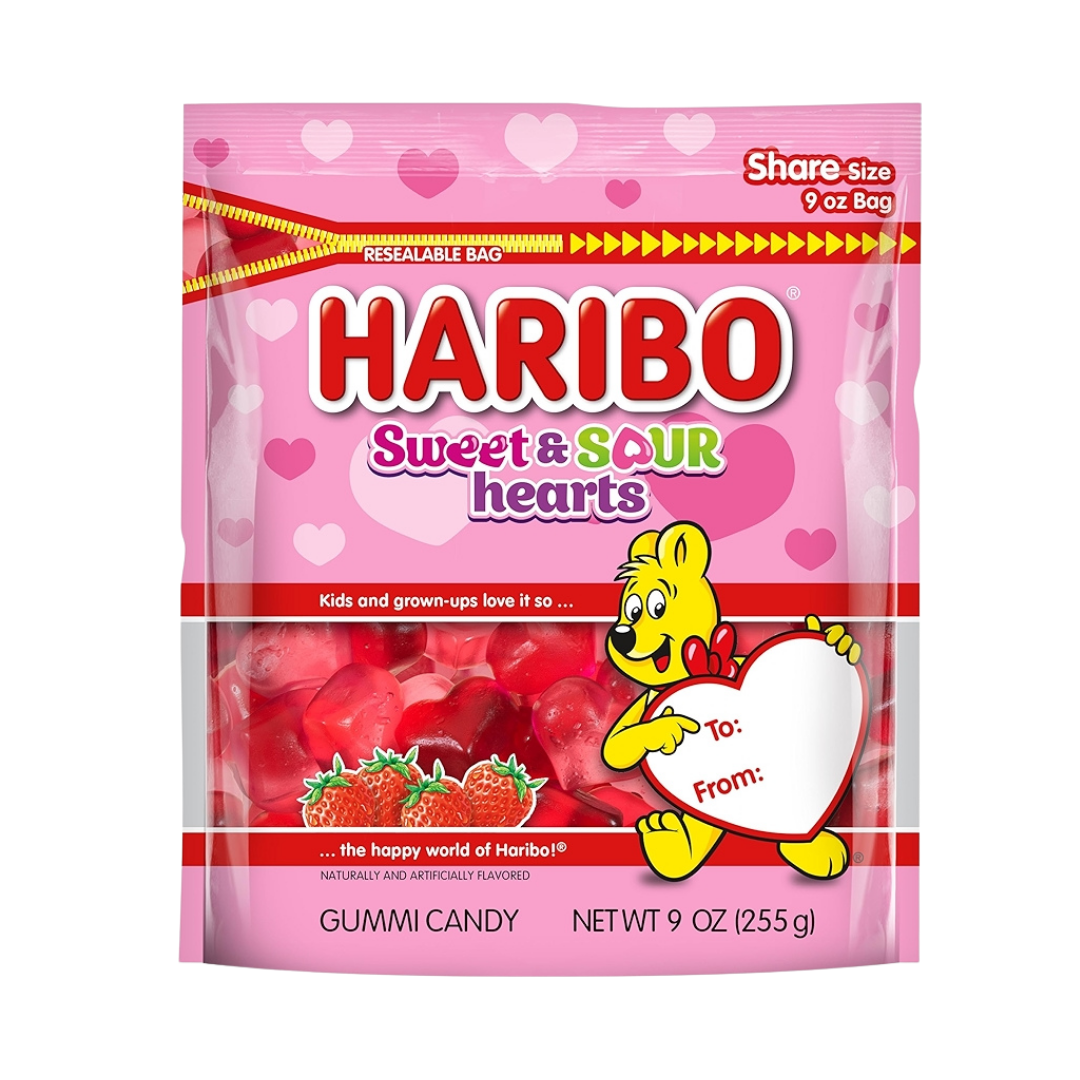 Bolsa de gomitas Haribo Sweet & Sour Hearts color rosa 9oz.