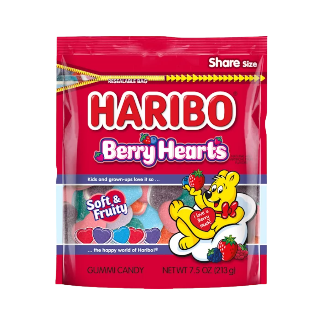 Bolsa de gomitas Haribo Berry Hearts sabores frambuesa y arándano.