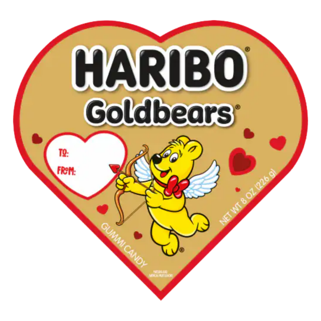 Caja de corazón dorada Haribo Goldbears edición San Valentín 8oz.