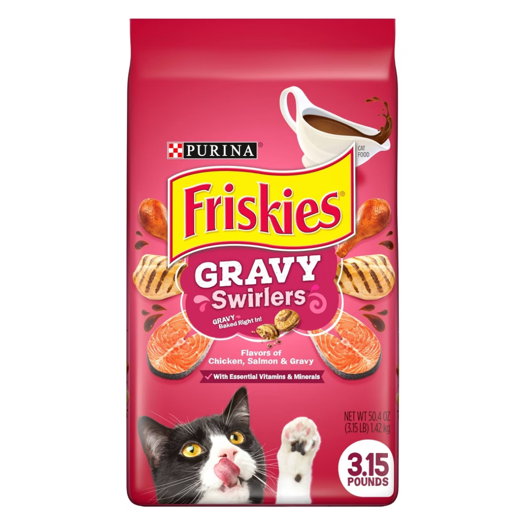 Comida seca para gatos Purina Friskies Gravy Swirlers con sabor a pollo y salmón