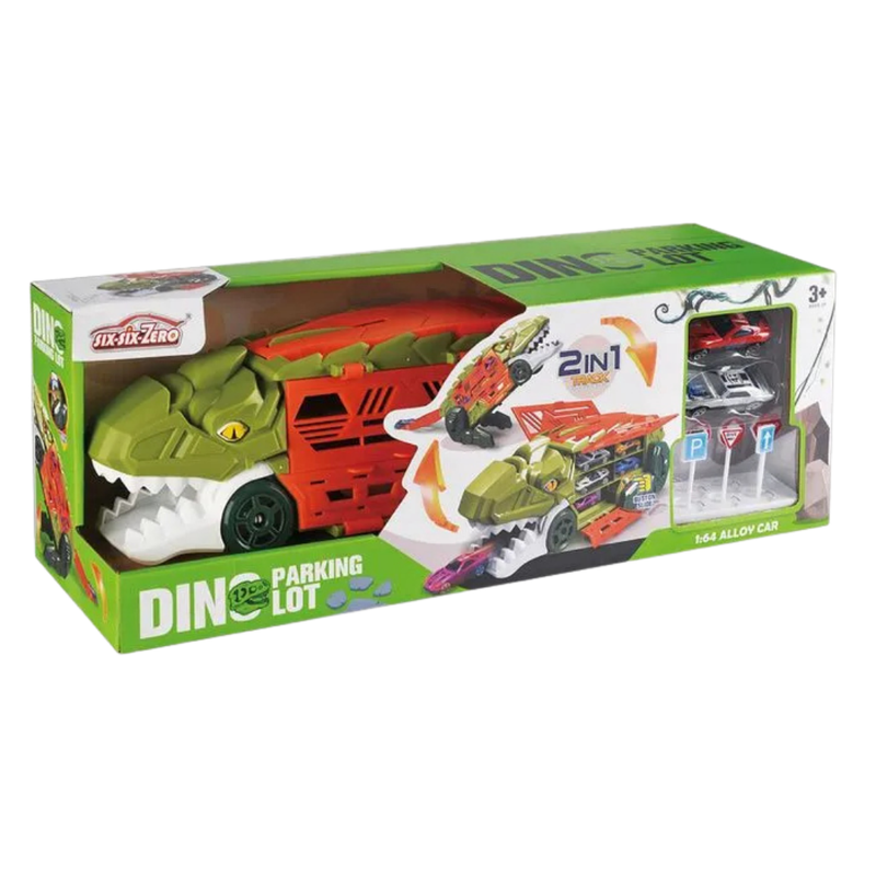 Six Six Zero Dino Parking Lot Playset with 6 Alloy Cars (Green T-Rex)