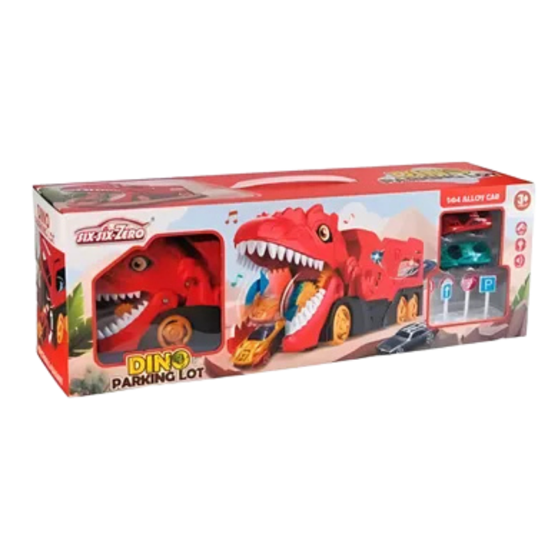 Six Six Zero Dino Parking Lot Playset with 6 Cars (Red T-Rex)