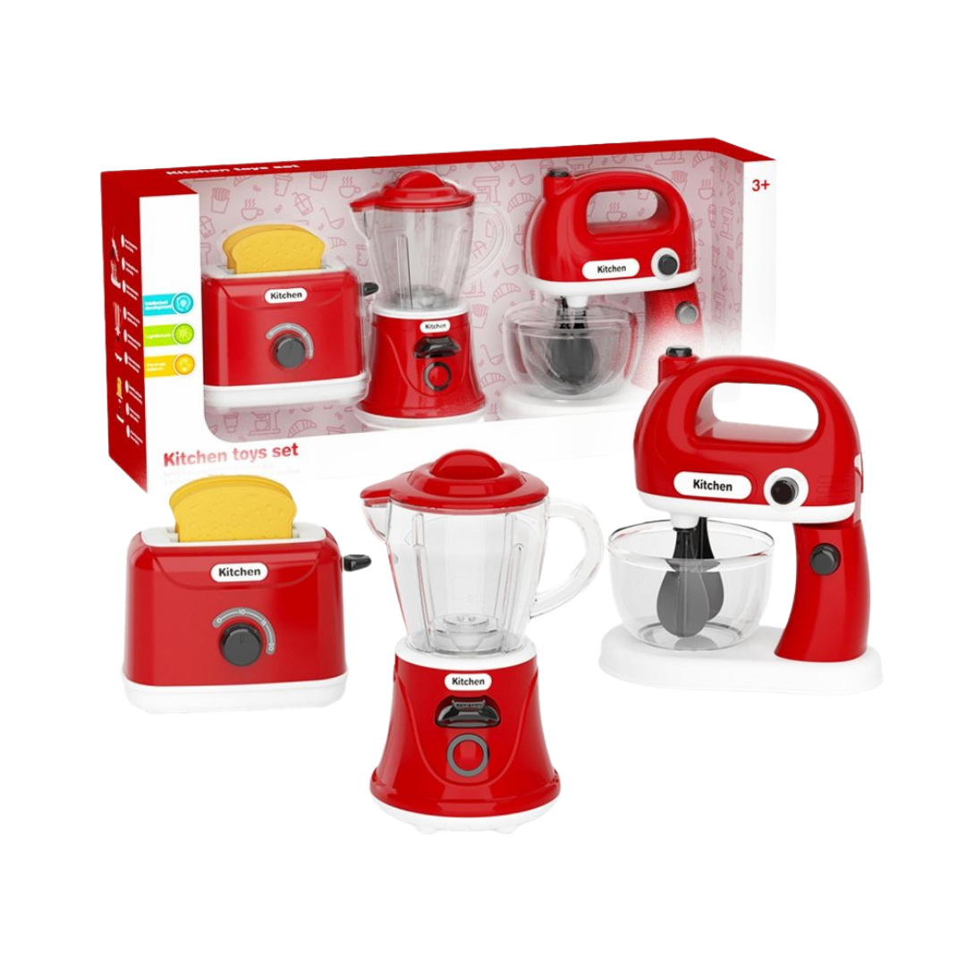 Set de juguetes de cocina rojos con tostadora licuadora y batidora para niños
