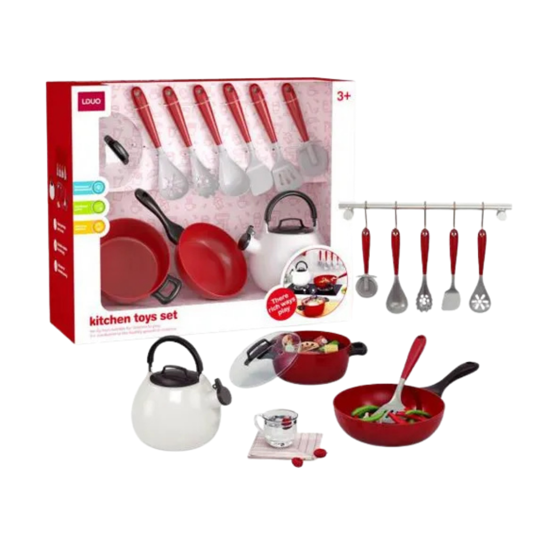 Set de ollas y utensilios de cocina de juguete color rojo con tetera