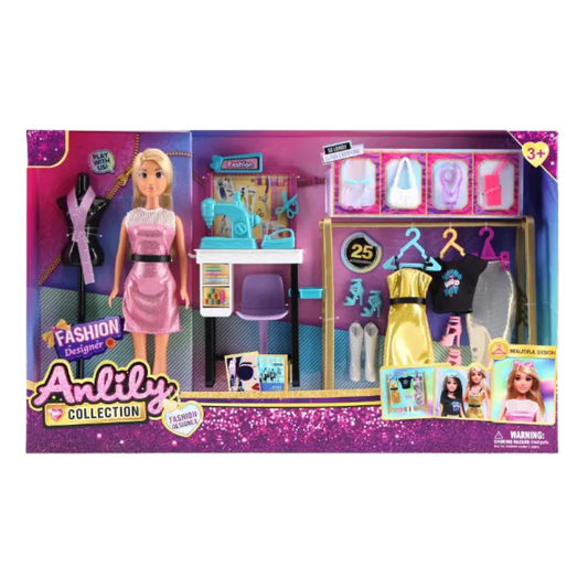 Muñeca Anlily diseñadora de modas con máquina de coser y accesorios