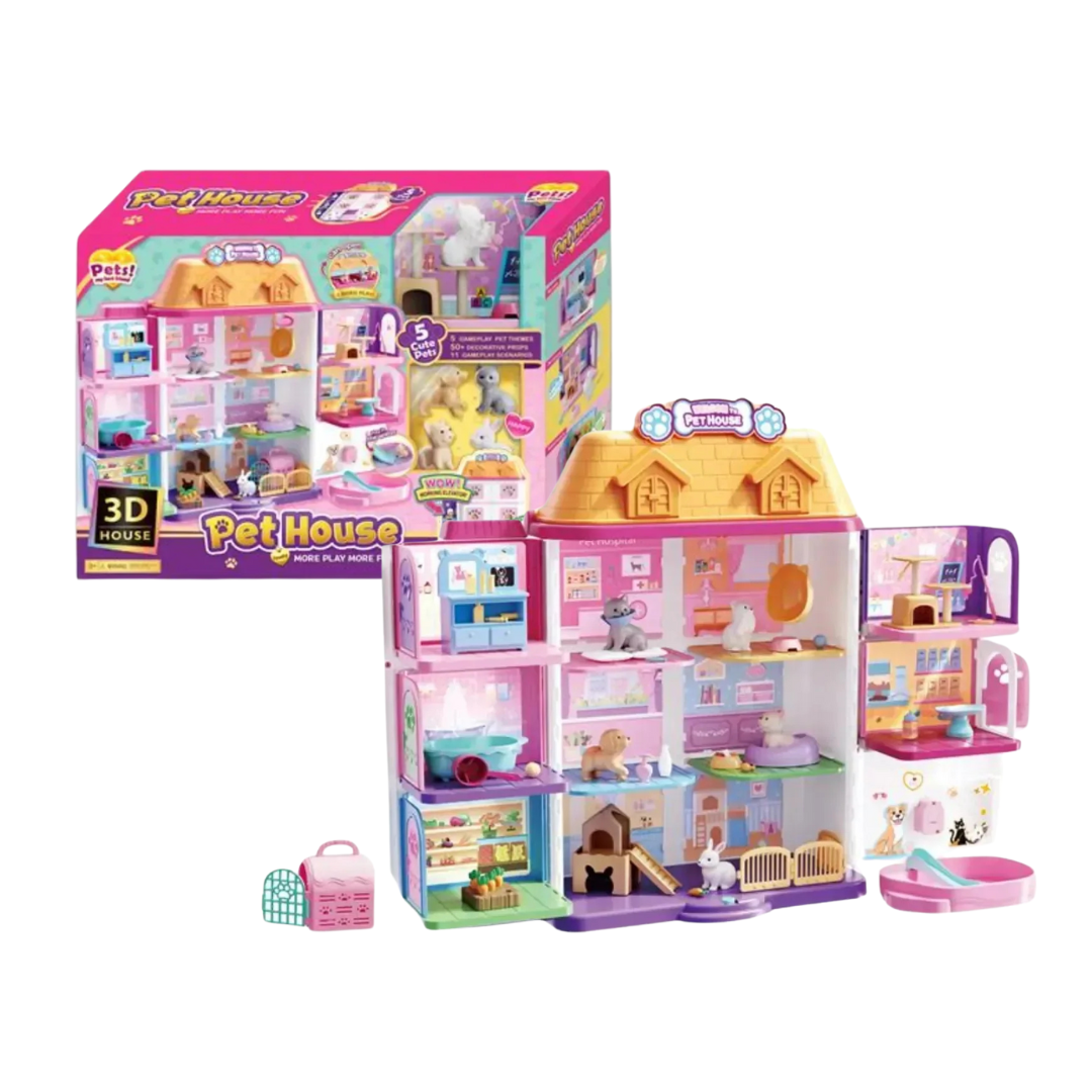 Pet House Playset con mascotas y accesorios, casa de muñecas 3D