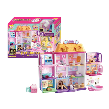 Pet House Playset con mascotas y accesorios, casa de muñecas 3D