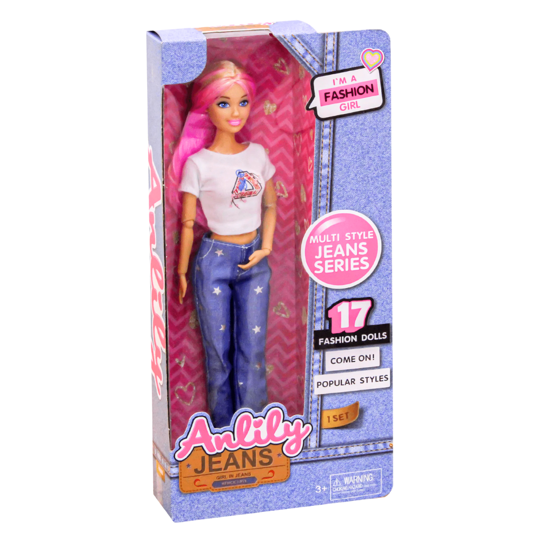 Anlily Fashion Girl Doll muñeca pelo rosa jeans estrellas