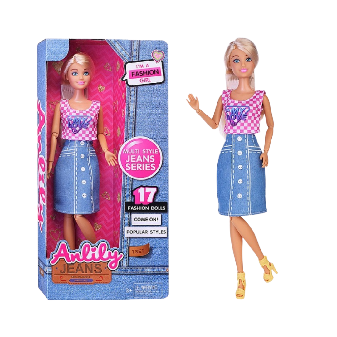 Anlily Fashion Girl Doll muñeca rubia falda vaquera top cuadros