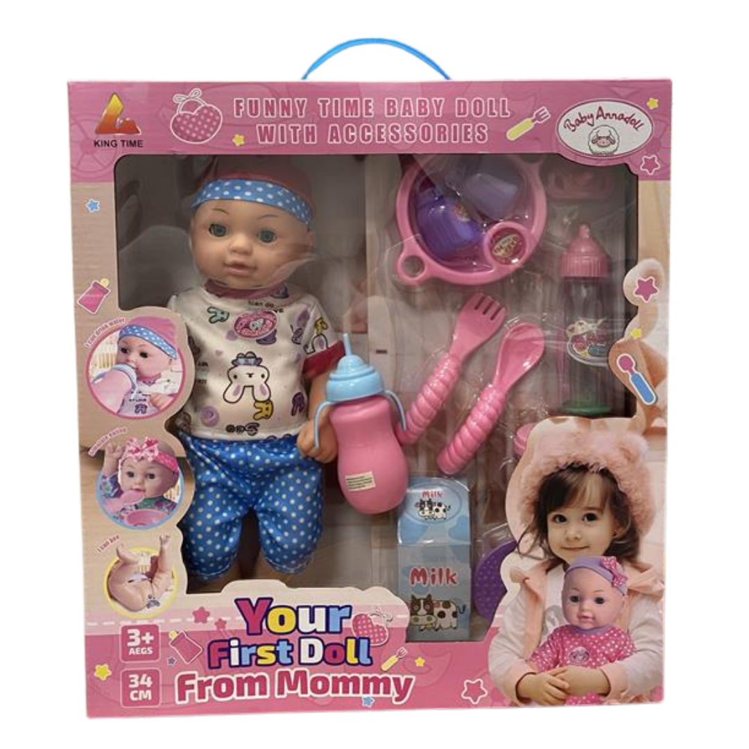 Your First Doll muñeca bebé rosa lunares accesorios alimentación