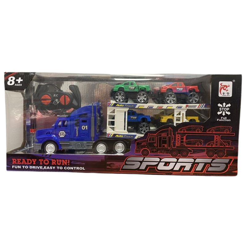 RC Mega Transport Carrier Truck with 4 Off-Road Pickup Trucks (Blue)