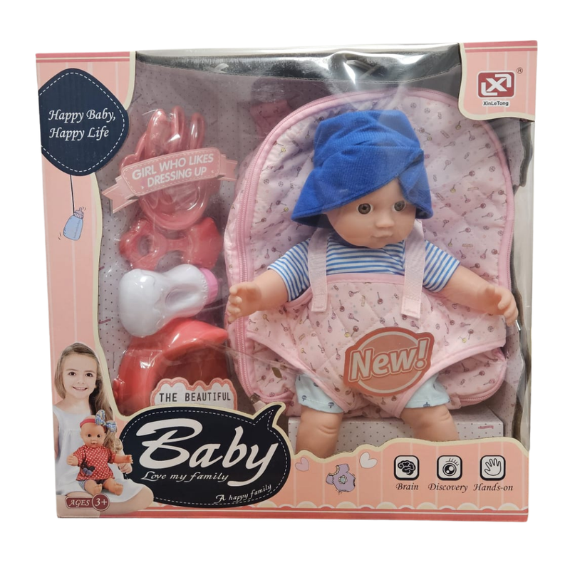 Soft Body Baby Boy Doll with Front Carrier & Feeding Set (Blue)