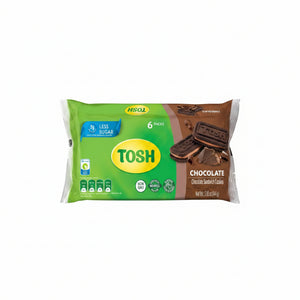 A package of TOSH Chocolate Sandwich Cookies, 6-pack, featuring a green and brown design with an illustration of chocolate sandwich cookies and a yellow TOSH logo.