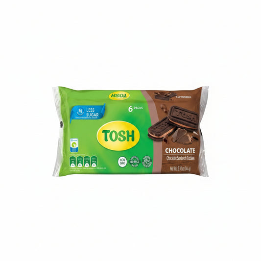 A package of TOSH Chocolate Sandwich Cookies, 6-pack, featuring a green and brown design with an illustration of chocolate sandwich cookies and a yellow TOSH logo.