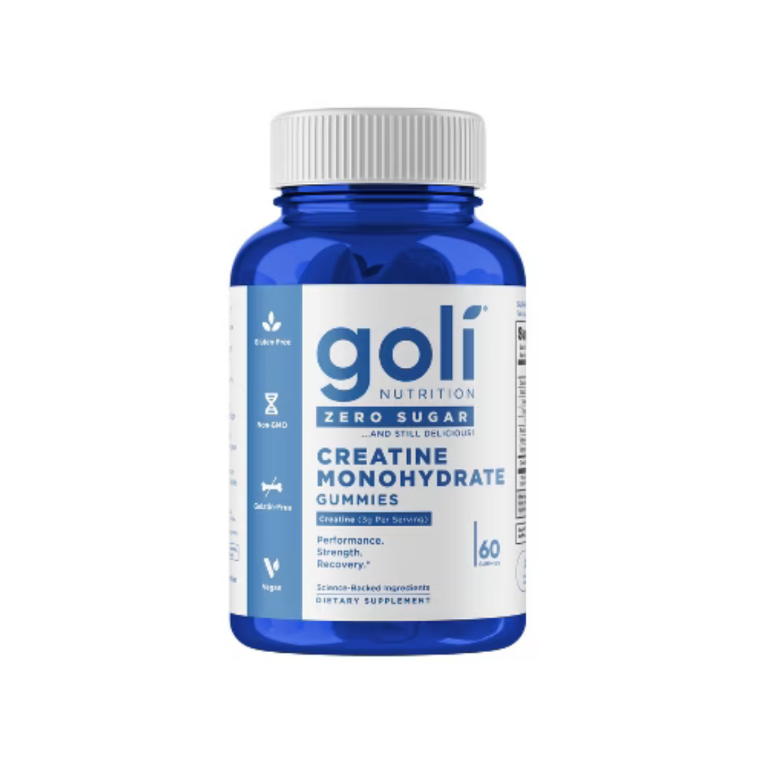 Frasco azul de gomitas Goli Nutrition de creatina monohidratada sin azúcar.
